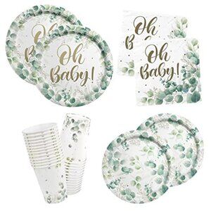 Sage Greenery Baby Shower Party Supplies Disposable Plates Cups Napkins Boho